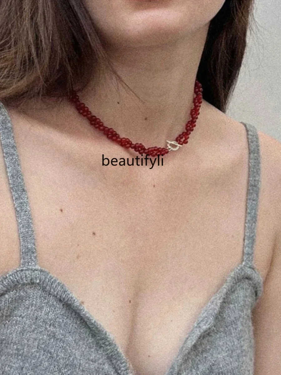 4Mm agate double-layer necklace S925 sterling silver necklace light luxury simple collarbone chain