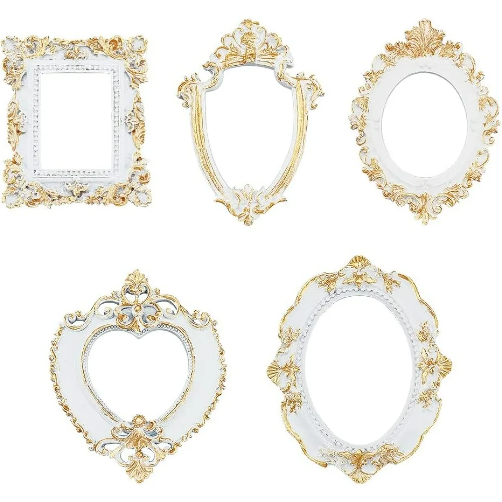 

5 Style Vintage Resin Frame Mini Resin Jewelry Display Frame, Oval Teardrop Rectangle Heart Shape Picture Frame Light Khaki