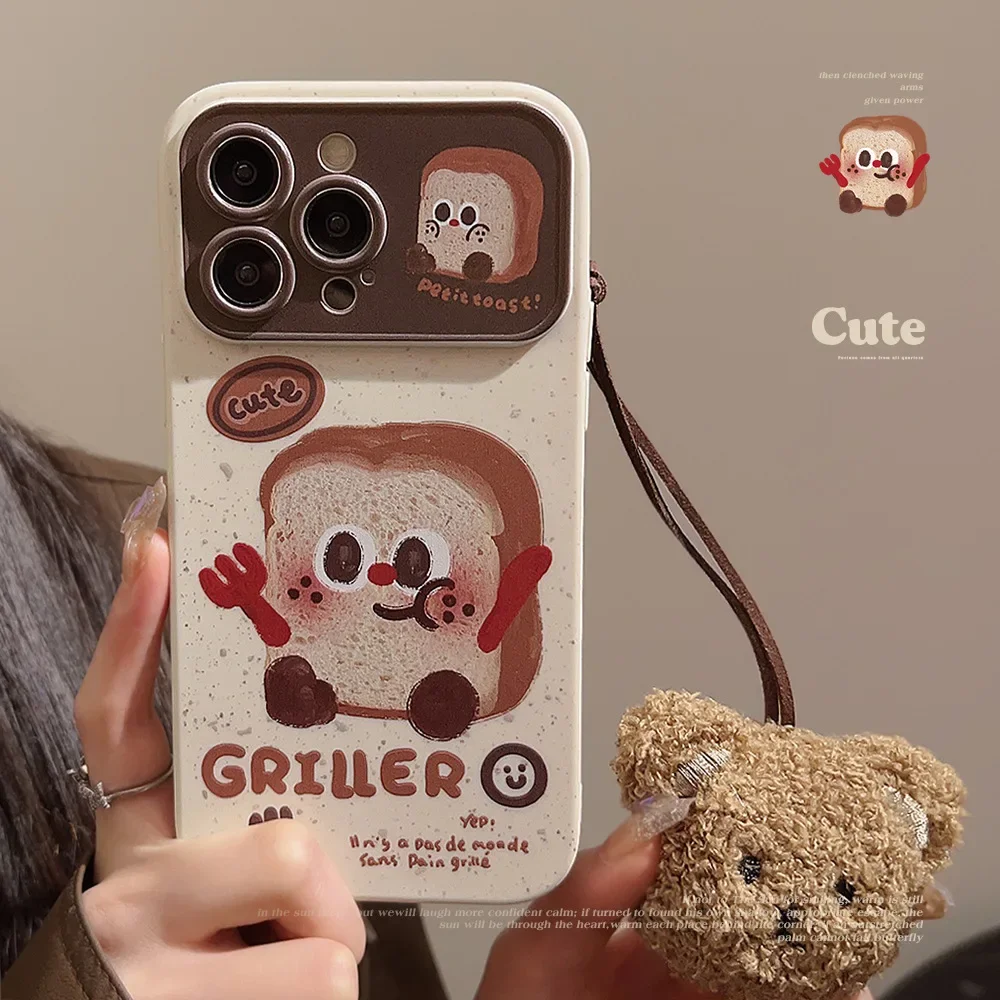 Cute Fun Toast Print Phone Case with Plush Bear Lanyard Phone Case For iPhone 16 15 Pro Max 12 13 Pro 14 11 XS 7 Plus Cover