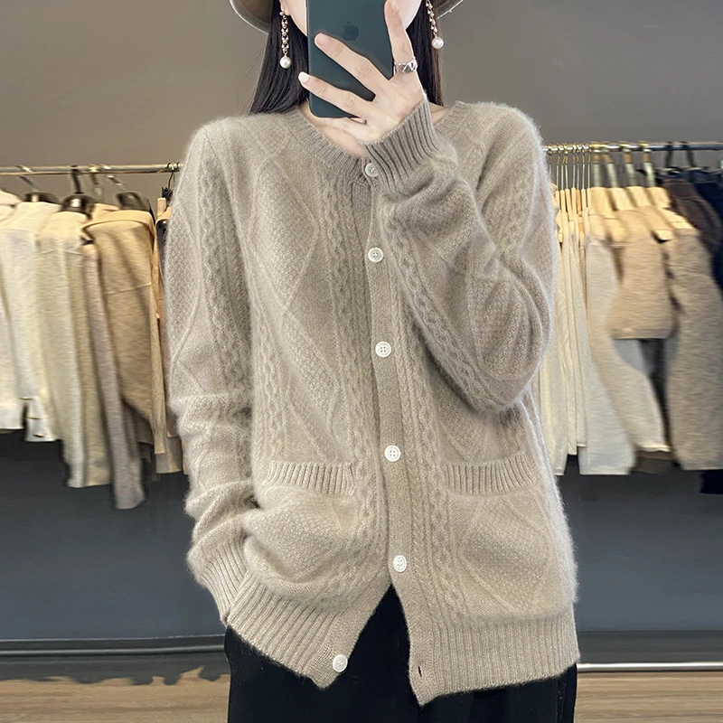 Women\'s sweater cardigan coat pure wool 2023 autumn and winter new O-neck twisted flower long sleeve high-end sweater top