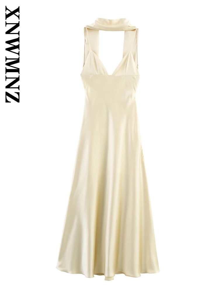 XNWMNZ 2025 ฤดูร้อนแฟชั่นสายคล้องไหล่บางแขนกุดBacklessซาตินMidiชุดเซ็กซี่เก๋ผู้หญิงไหล่ชุดTie