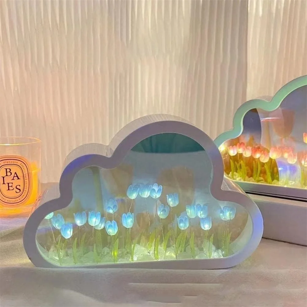 Handmade DIY Cloud Tulip Mirror Small Night Light Girl Bedroom Ornaments Creative Photo Frame Mirror Table Lamps Birthday Gift