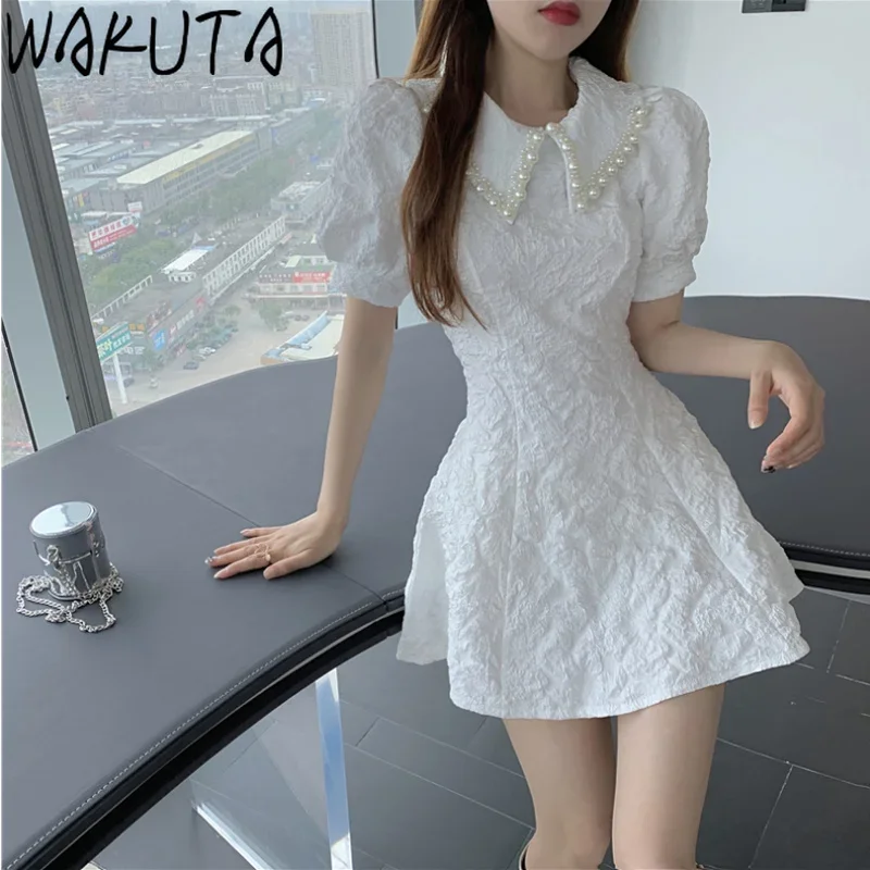 WAKUTA Sweet Embroidered Flares Peter Pan Neck Short Evening Gowns 2024 Korean Style New Elegant Party High Waist Solid Vestidos