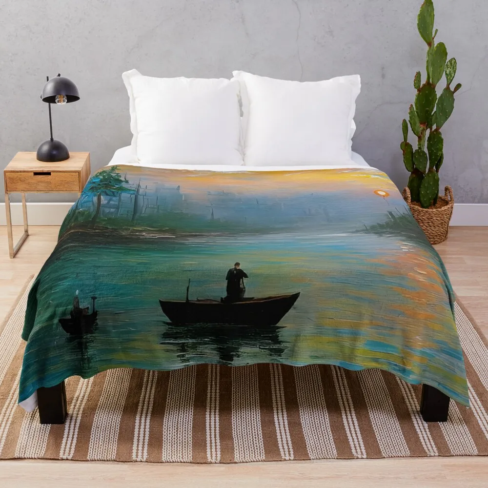 Dawn Fishing - Serene Morning Scene on the Water Throw Blanket Luxury Designer Personalized Gift Nap Blankets