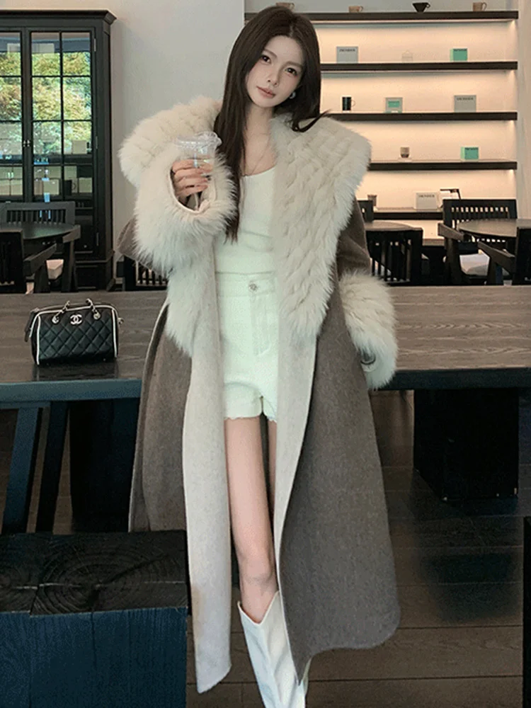 2025 핫 세일 겨울 여성용 천연 리얼 폭스 퍼 칼라 커프스 코트 울 울렌 재킷 여성 아우터웨어 럭셔리 재킷