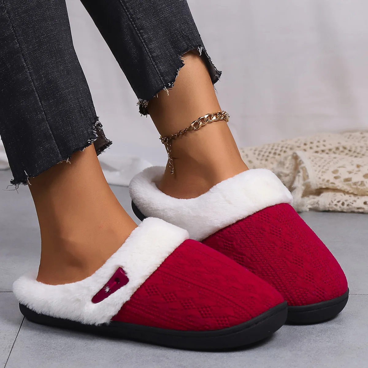 

Wholesale Furry Slippers Men's & Women's Home Indoor Anti Slip Thick-Soled Slippers Warm Thickened Cotton Slippers