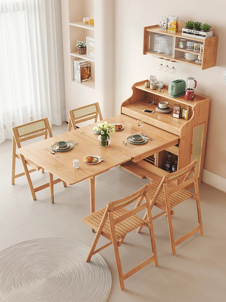 

For Nordic Dining Table Folding Storage Belt Sideboard Cabinet Integrated Multifunctional Solid Wood Invisible Retractable Small