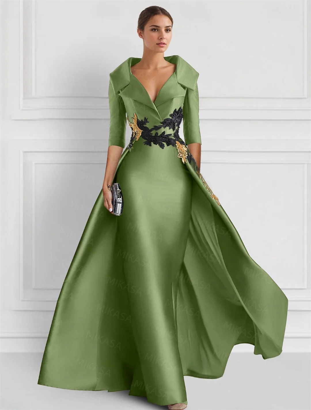 Vintage ซาตินสามชุดราตรีกับ Appliques V คอกระเป๋ายาว Elegant เจ้าสาวแม่งานแต่งงานชุด