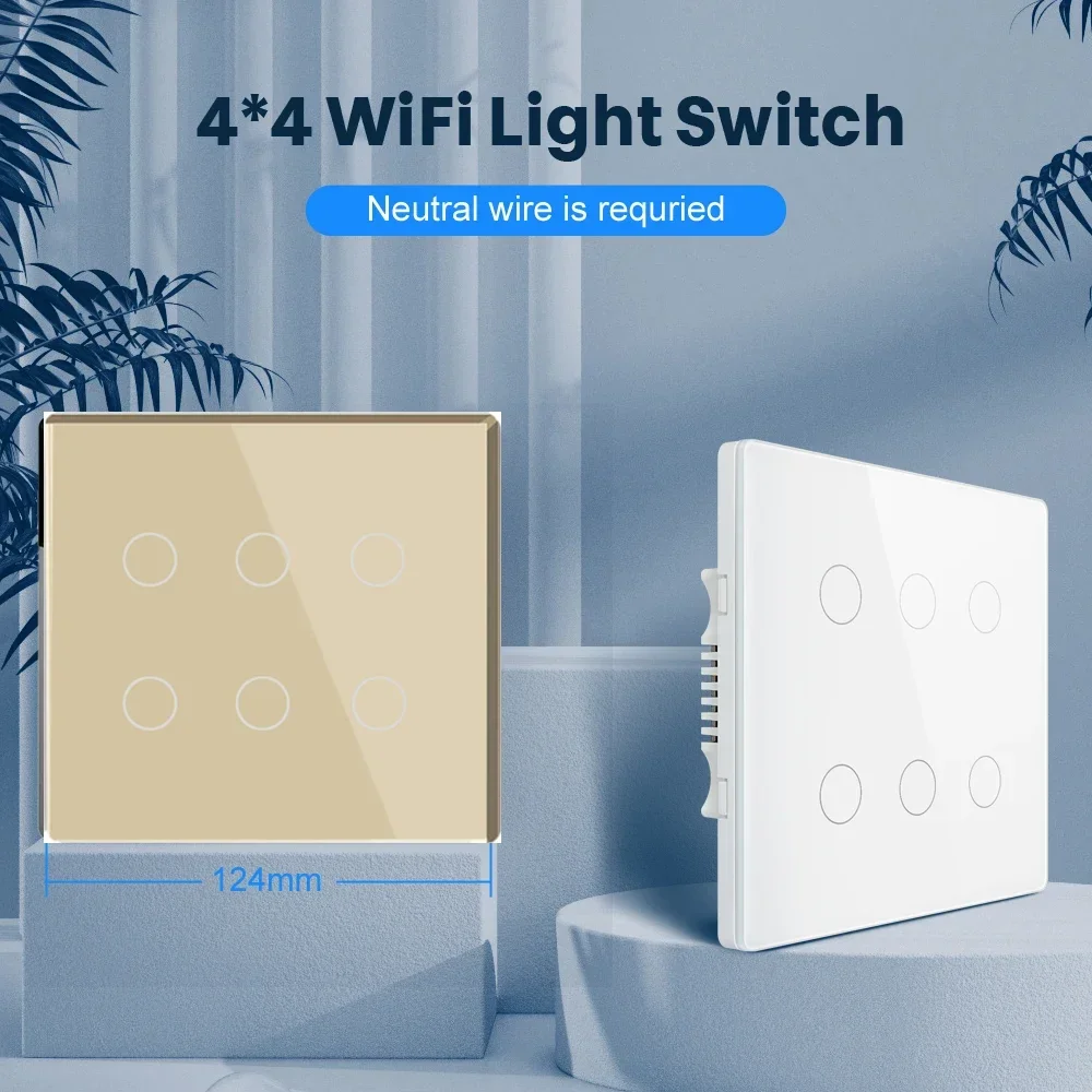 Brazil 4x4 Golden Switch 6Gang Tuya WiFi Smart Life Light Wall Touch Sensor Interruptor Glass Panel Remote By Alexa Google Home