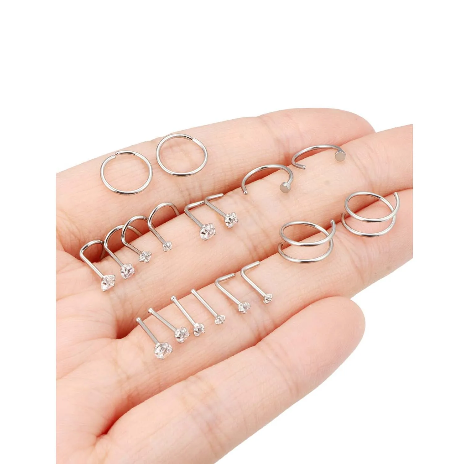 18Pcs Nose Rings and Studs 20 Gauge Surgical Steel Straight Bend/Straight/L-Shaped Rod Shape Nostril Piercing Jewelry Unisex