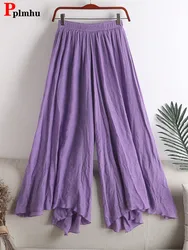 Korean Cotton Linen Culotte Womens Summer High Waist Wide Leg Pantalones Vintage Baggy 85cm Trousers Elegant Big Size Sweatpants