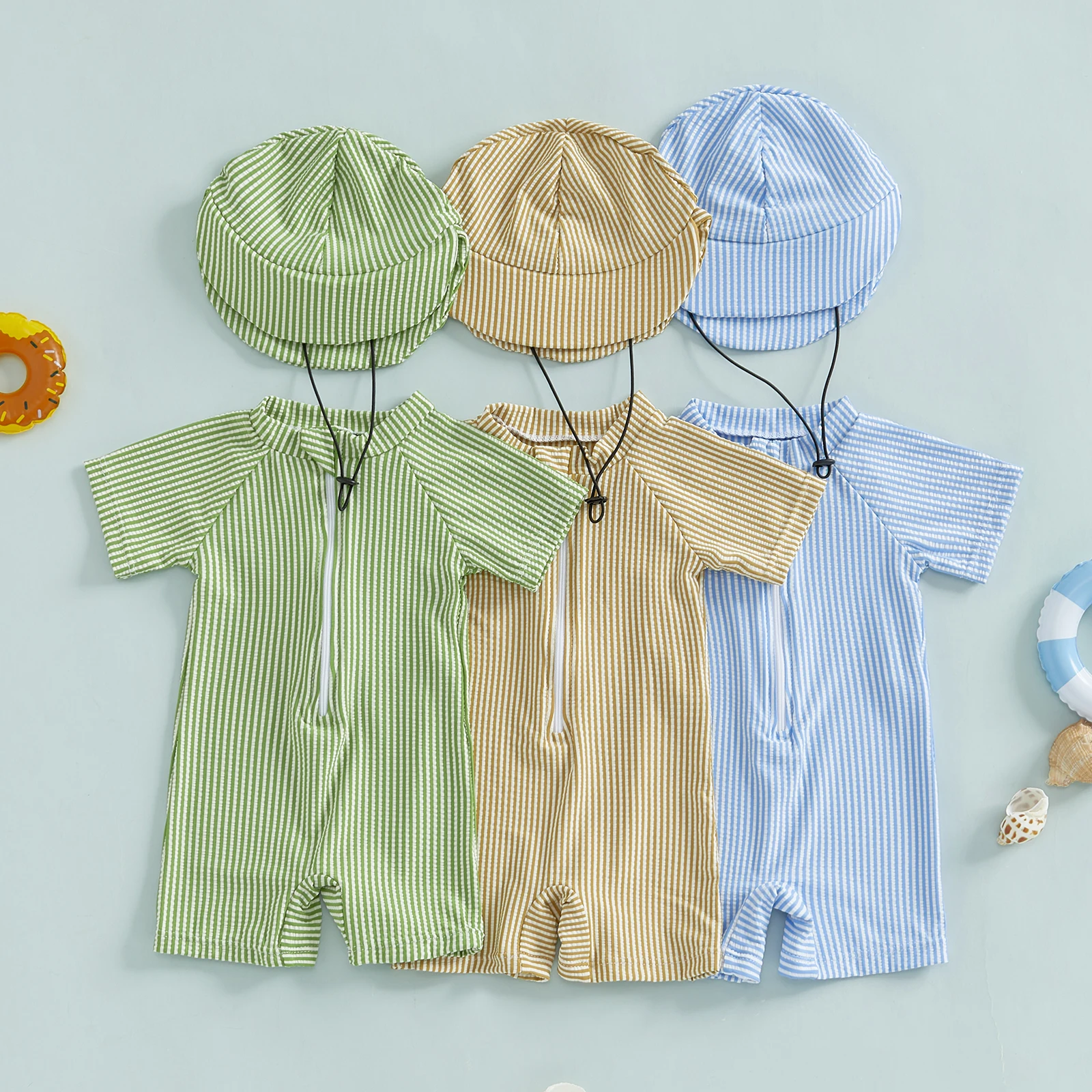 

Yiiciovy Toddler Boy Swimsuit Fashion Summer Stripe Print Kids Beachwear Short Sleeve Half Zipper Rash Guard Swimwear Sunhat Set