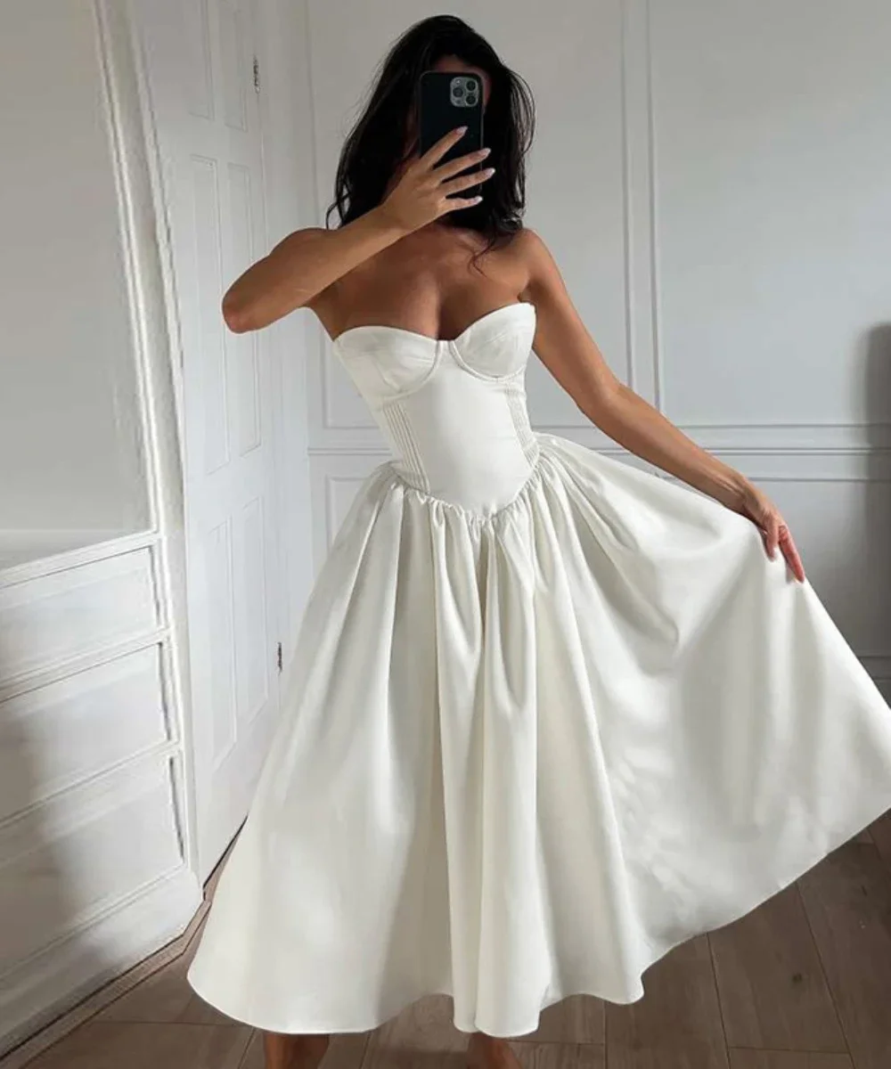 2025 New Strapless Corset White Wedding Dresses Women Fit and Flare Sexy Midi Dresses Backless High Quality Party Dress Vestidos