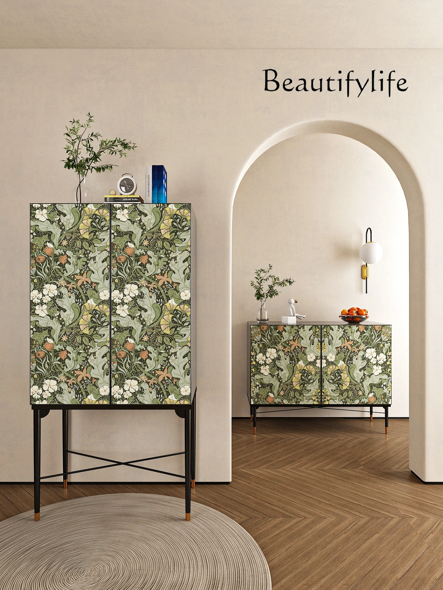 

French solid wood dining side wine cabinet simple tall vertical cabinet retro art painted decorative cabinet