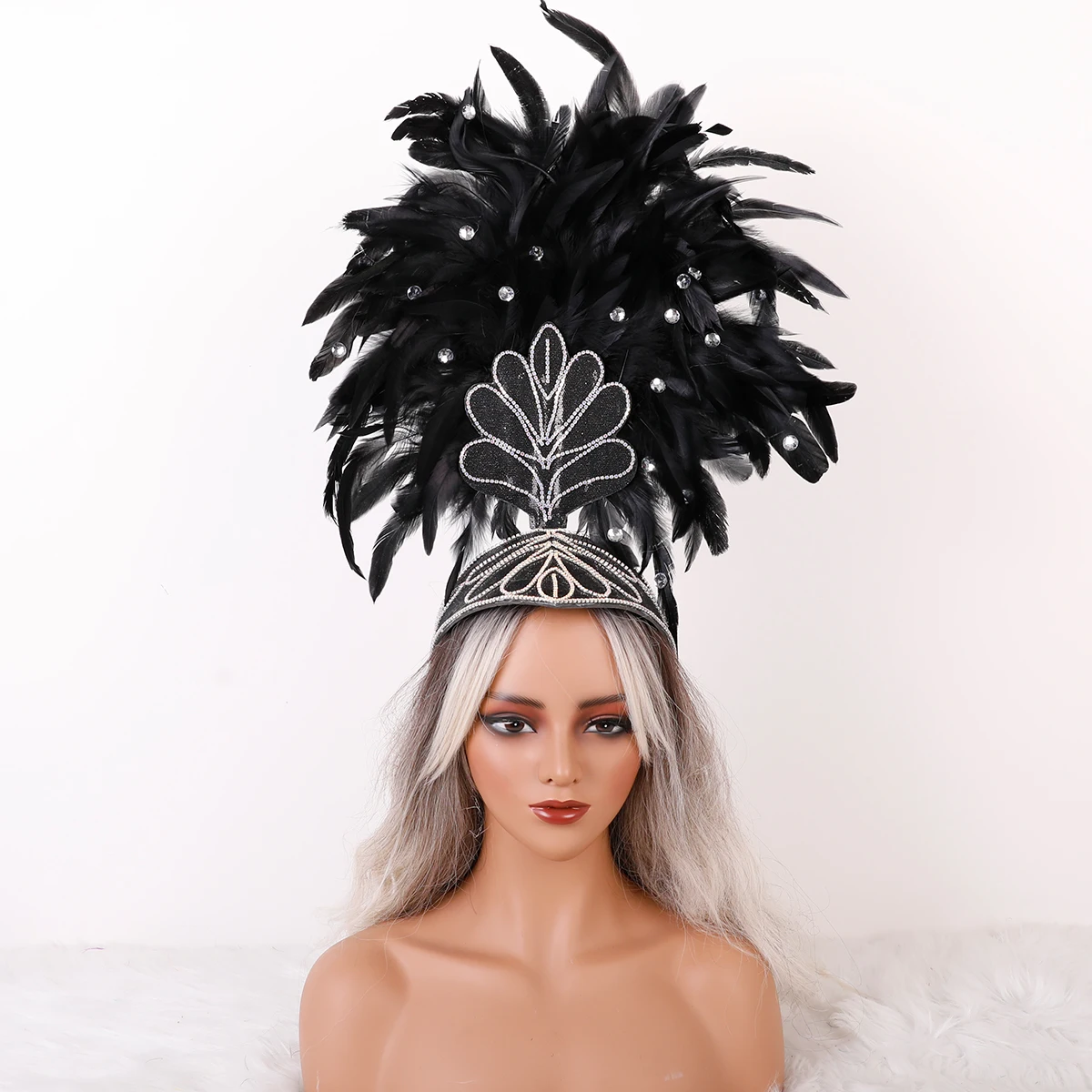 Women Sparkling Rhinestone Feather Headdress Samba Parade Headwear Halloween Masquerade Stage Costume Head Accessory for Fest