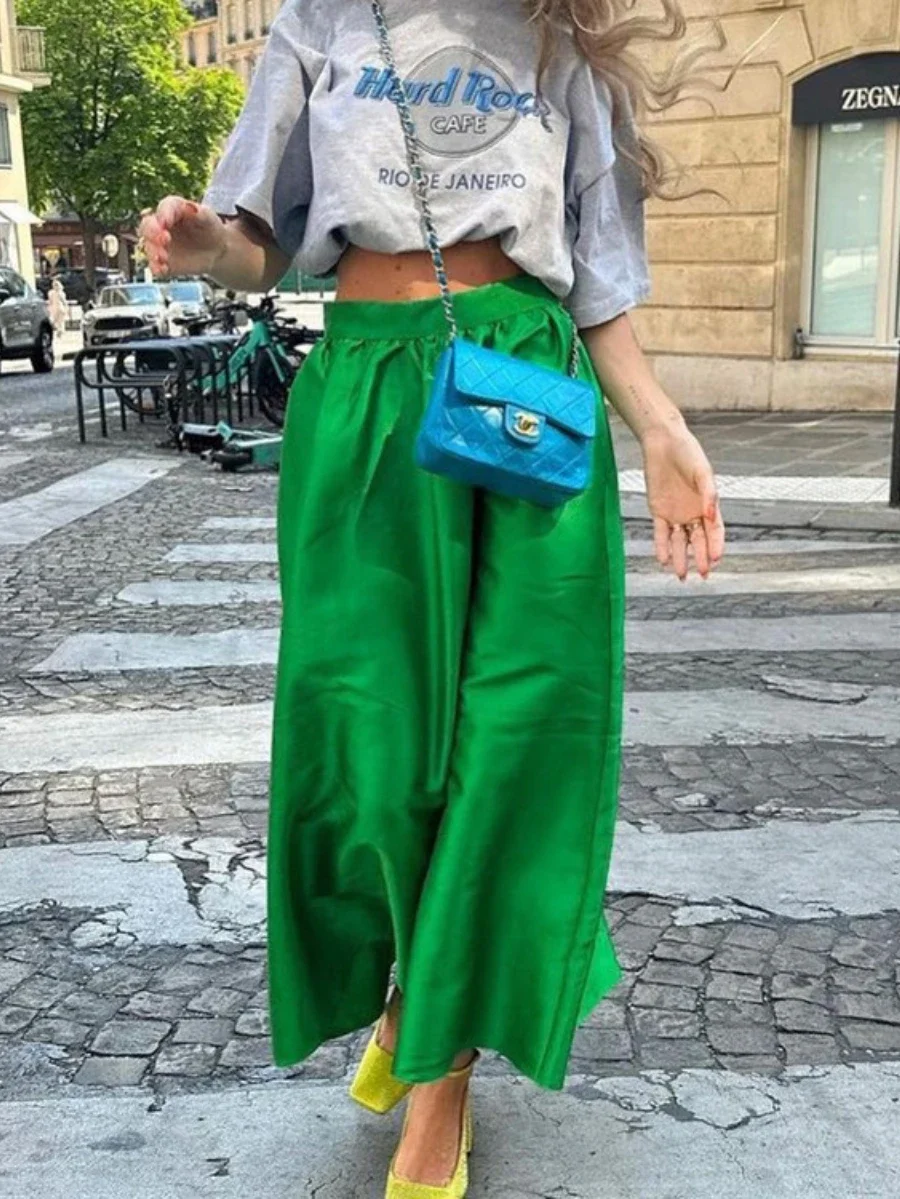 Bornladies Summer Women Green Skirt Fashion Simple Versatile Long Skirt Hanging High Waist Large Swing Umbrella A-line Skirt