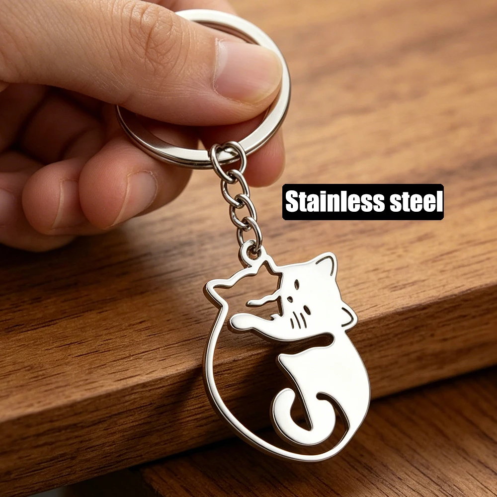 Stainless Steel Cat Keychain Hollow Design Two Cats Embracing Keyring for Women and Men Pet Lovers Key Chain Jewelry Gifts
