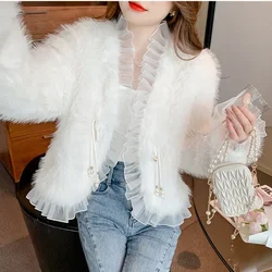 Faux Mink Fur Coat Winter Frog Buckles Imitation Fox Fur Grass Bomber Jacket Fluffy Mesh Spliced Cardigan V-neck Tops Outwear