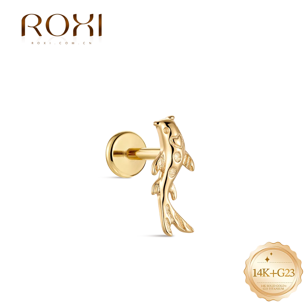 ROXI 1PC 14K Solid Gold Koi Fish Flat Back Cartilage Piercing Earring Multi Size 5/6/8mm Ear Jewelry For Women
