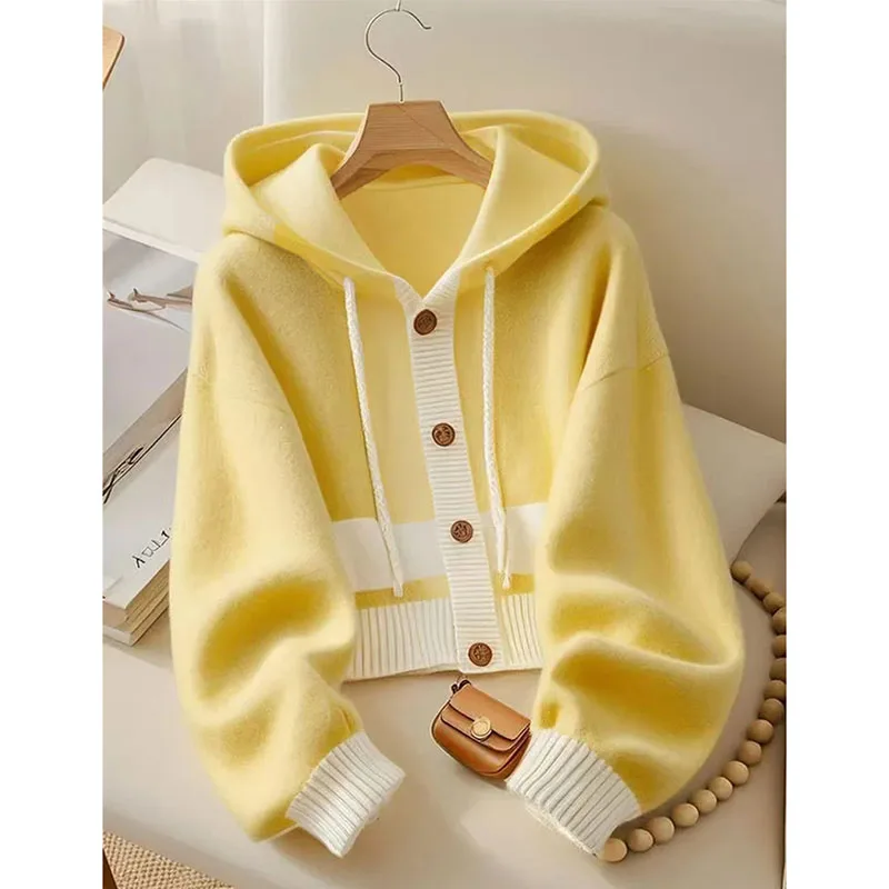 Kardigan Rajutan Musim Gugur Musim Dingin Sweter Bertudung Jahitan Kuning Putih Longgar Wanita Sweter Rajutan Cocok untuk Semua Kasual Longgar Wanita