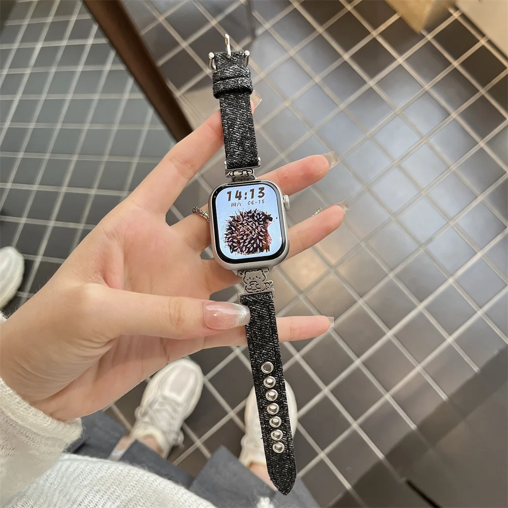 Cute Washed Denim Cartoon Dog Watch Band For Apple Watch 44mm 40 45 41 49 42 38mm Soft Strap For Ultra Series 9 8 SE 7 6 5 4 3