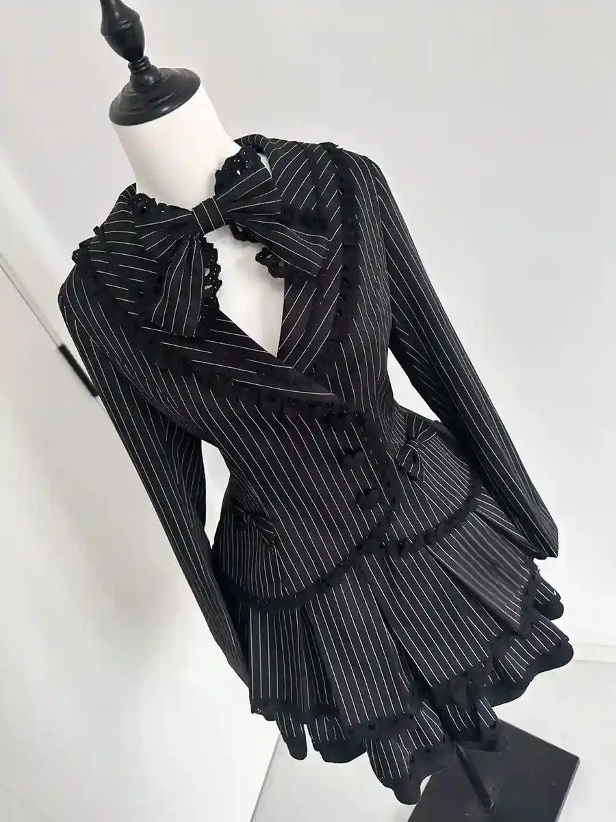 Y2k Dresses 2-Piece Set Slim Stripes Punk Goth Crop Top+Short Skirt 2000s Preppy Harajuku Lace Dress Woman Clothes Hot Girl Chic