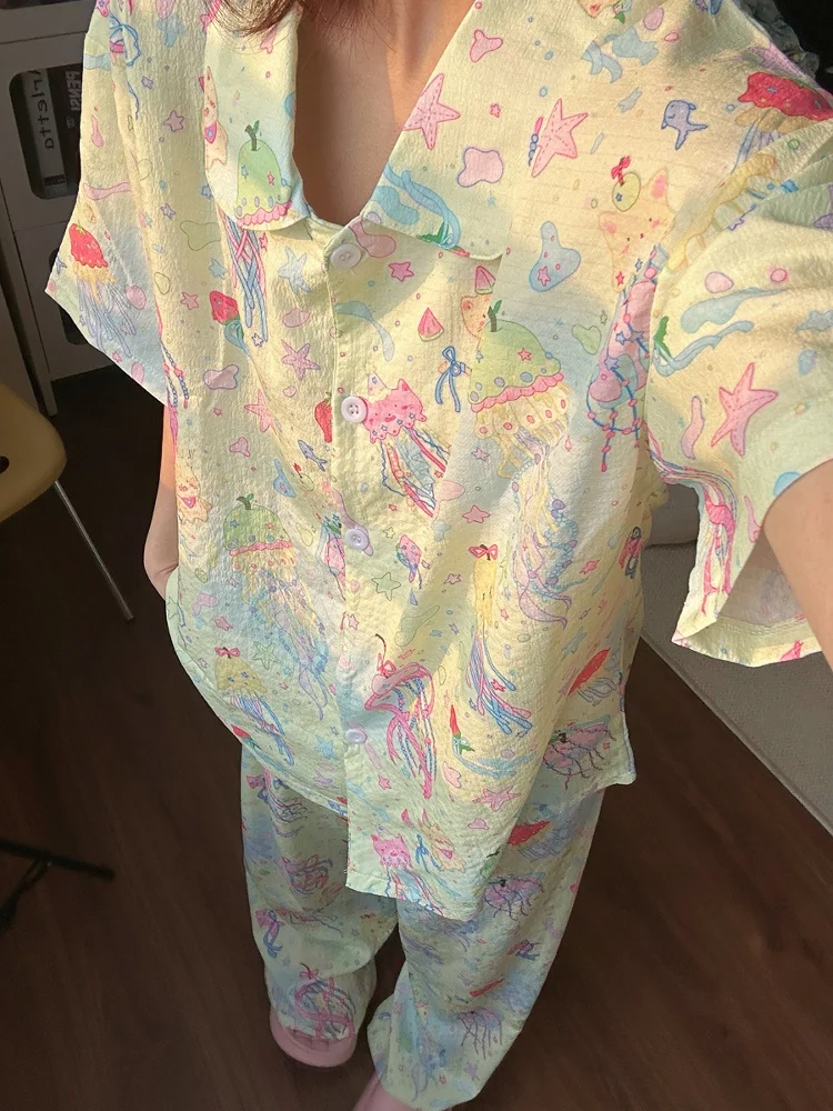 夏の夢のようなシージェリー核泡綿パジャマ女性の半袖ショートパンツパンツホーム服 3 点セット 1