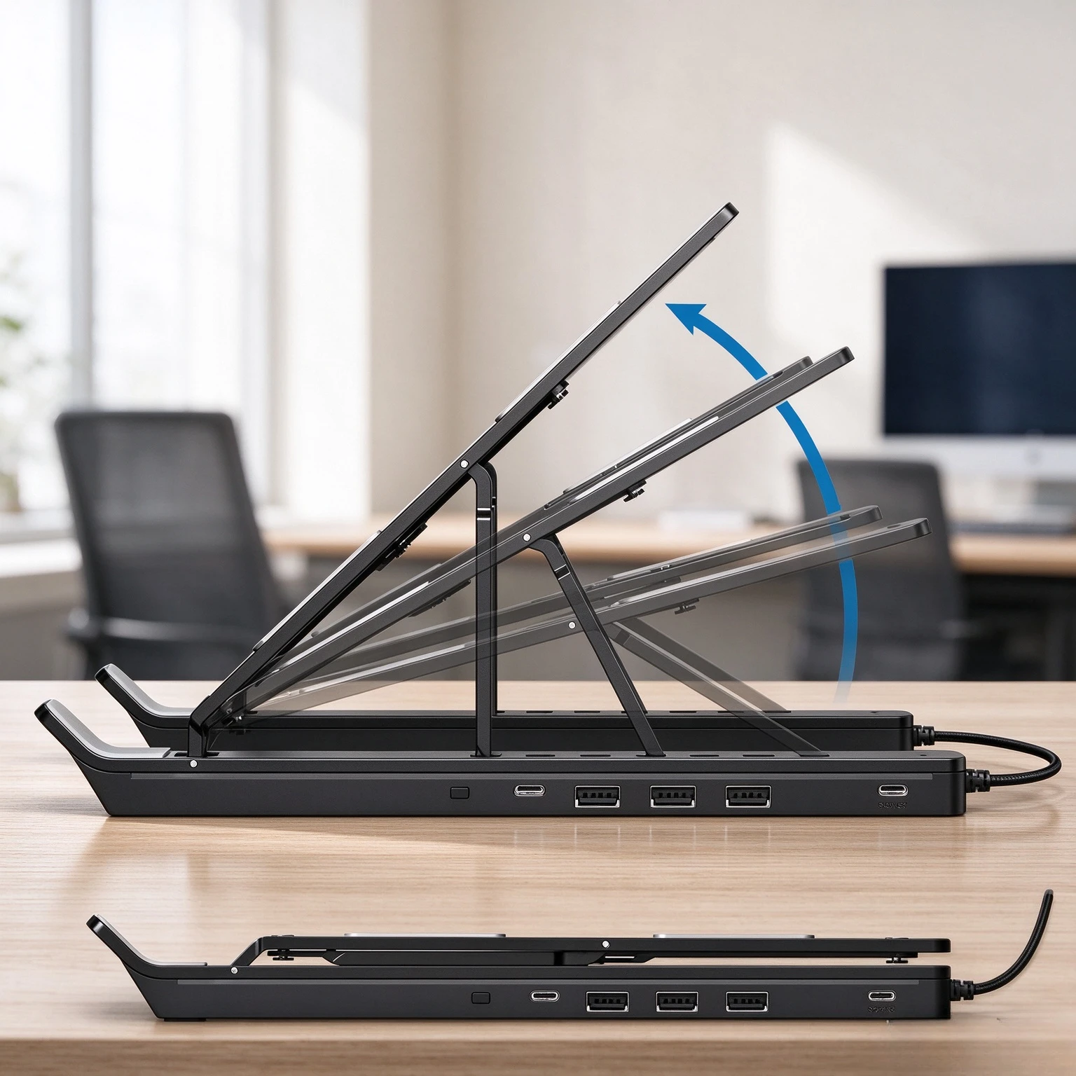 RGB Illuminated Laptop Stand with USB Expansion Hub, Foldable Aluminum Desktop Riser for Tablets, Ventilated Support Surface