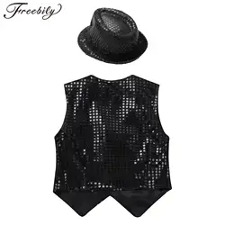 Kids Boys Jazz Dance Outfit Glittery Sequin Vest Waistcoat with Hat Christmas Party Festival Cosplay Stage Performance Dancewear