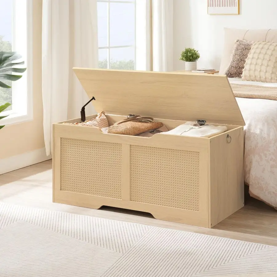 Storage Bench, 43.3 Toy Box, RattanLike Storage Chest, Sturdy Entryway Bench Supports 220 lb, Toy Chest, Safety Hinge, UShaped O