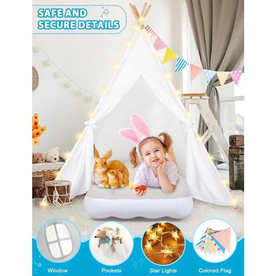 Paquete de 4 tiendas tipi para niños, tienda de juegos con luces de estrellas, banderas coloridas y colchón de aire inflable, casa de juegos plegable para niños pequeños, saco de dormir
