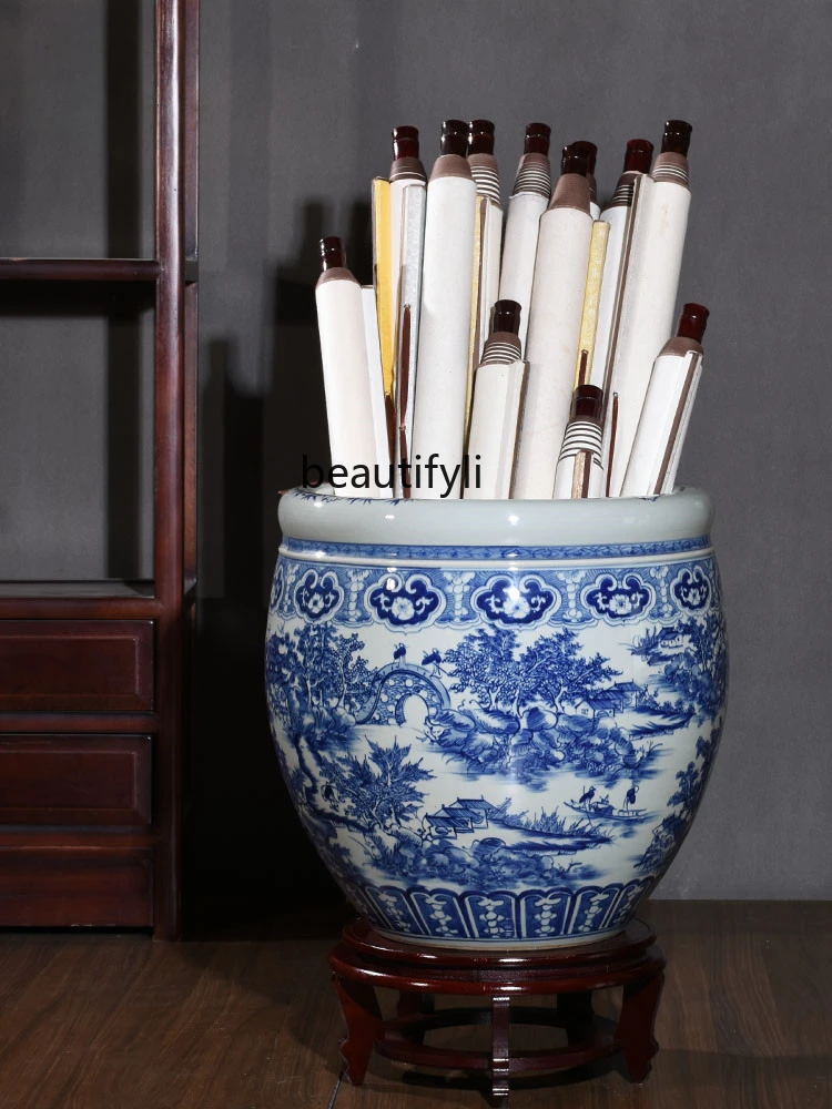 

Ceramic Blue and White Porcelain Painting and Calligraphy Cylinder Scroll Cylinder Storage Container Study Vase