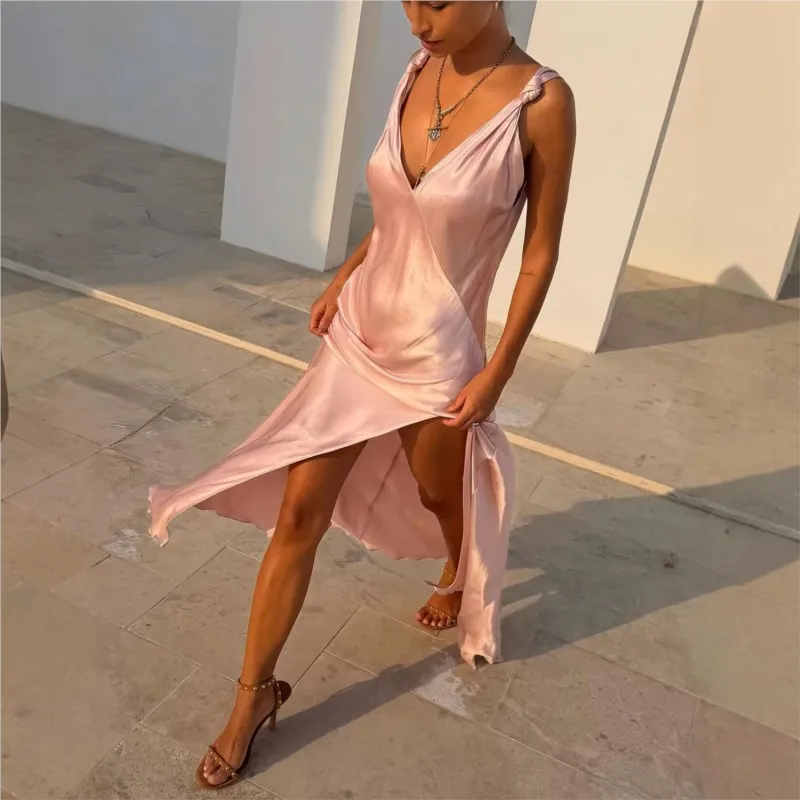Sexy Satin High Split Party Dress Women Slim Fit Backless Sleeveless Deep V-neck Evening Club Summer Vacation Dresses Female view 3