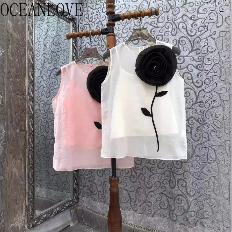 OCEANLOVE 2 Pieces T Shirt for Women 3D Flowers Vintage Spring Summer Ropa De Mujer Korean Fashion Elegant Sweet Tank Tops