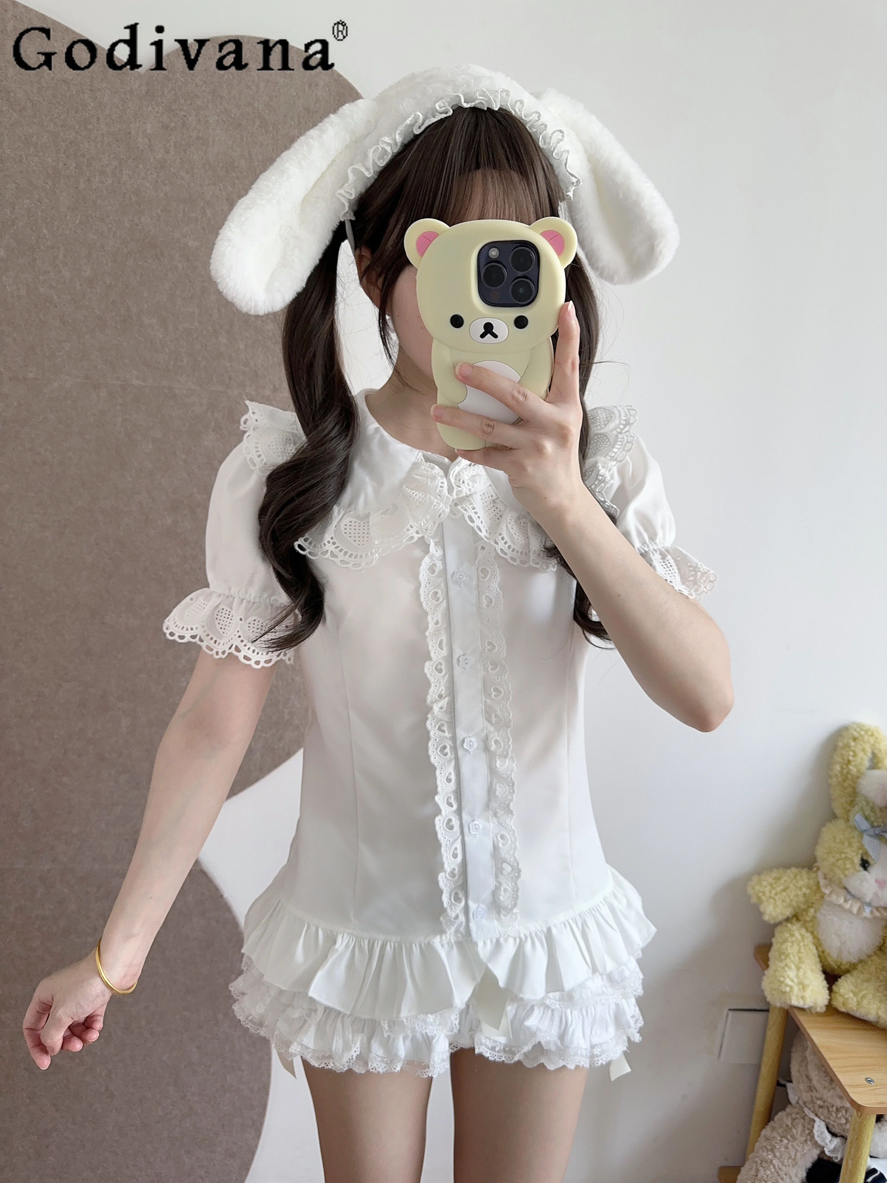 

Original Lolita Kawaii Short Sleeve Shirt Spring Summer Japanese Style Doll Collar Lace Slim Fit Shirt Blouses Tops Mujer 2025