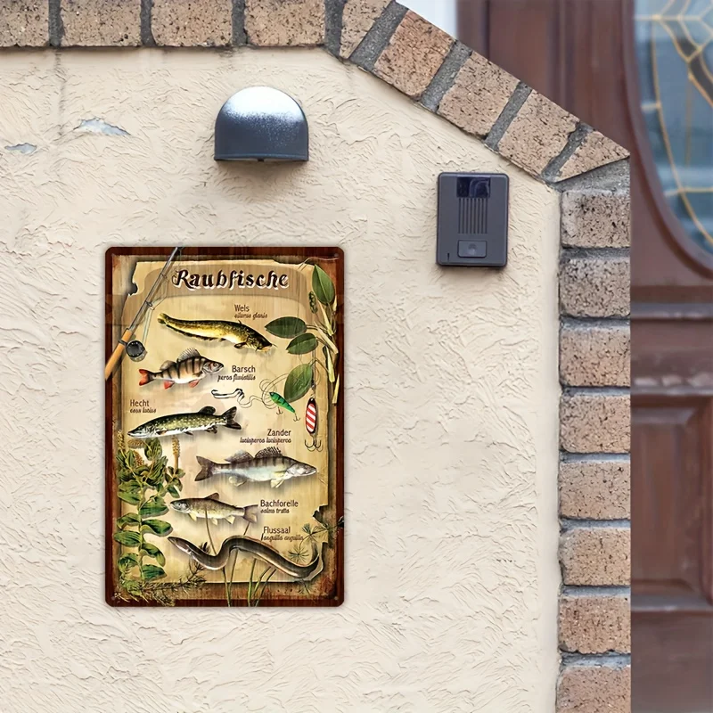  Vintage Metal Iron Sign - Rustic Fishing Knowledge Wall Art with German Fish Species Labels, American Retro Durable Si
