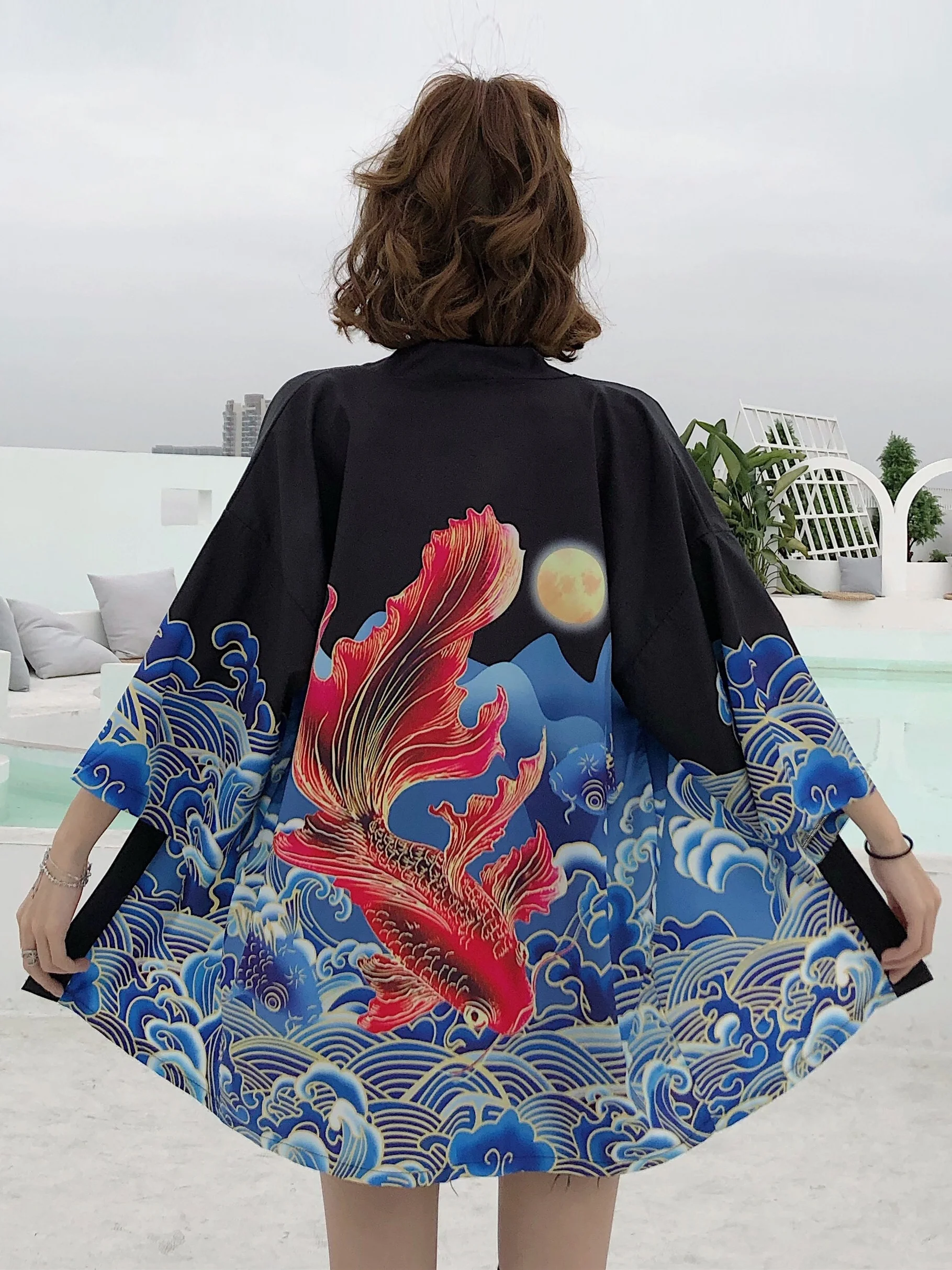 Chinese fashion shawl small coat thin improved Japanese kimono cape Golden carp loose Japanese trend seven-point sleeve yukata C