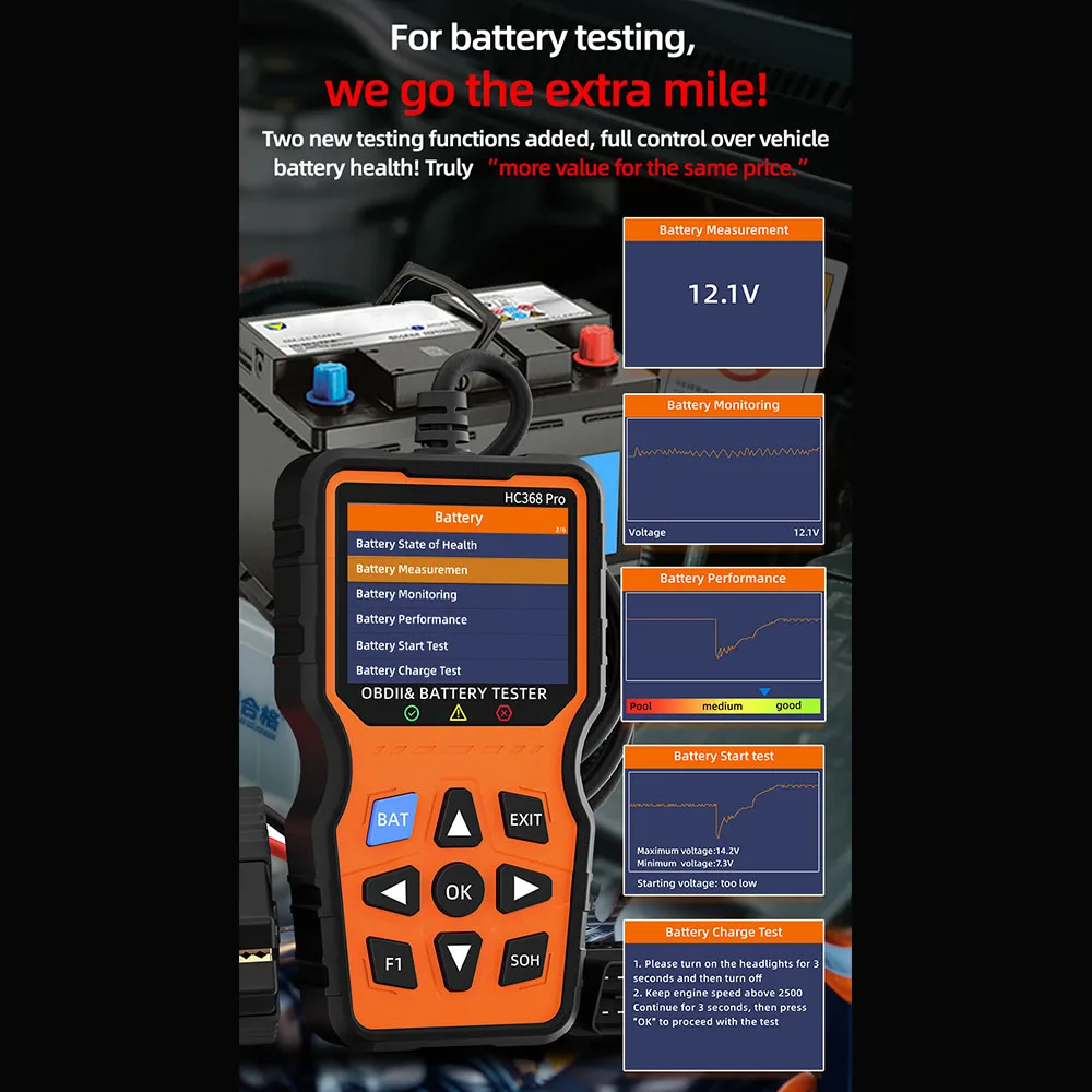 12V Code Reader OBD2 Diagnostic Tools Car OBD 2 Scanner Universal Check Engine System Fault Code Clear Battery Tester HC368 Pro