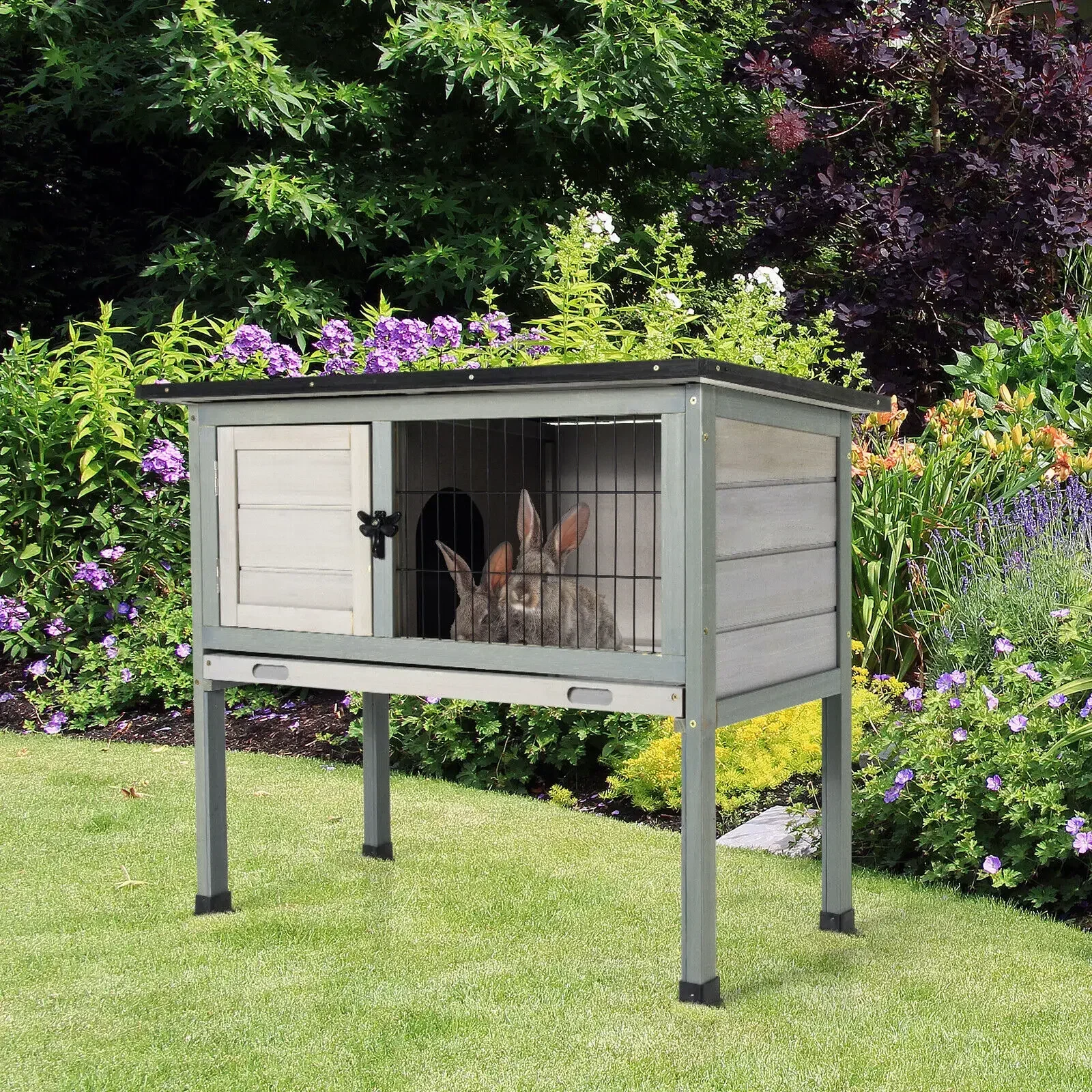 Para techo de asfalto que se puede abrir personalizado, conejera de madera elevada para interiores, jaula para conejitos, casa de conejillo de indias al aire libre con bandeja extraíble Rab