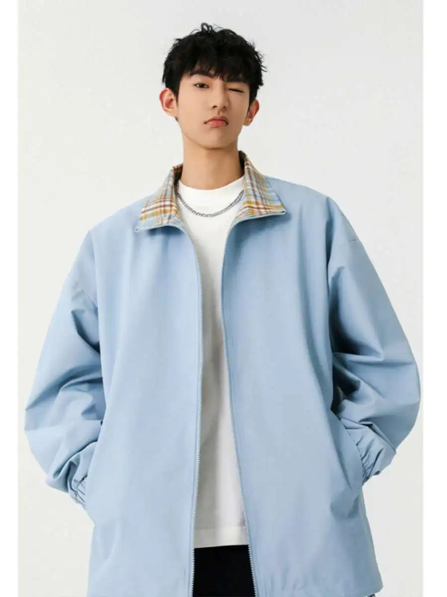 

Plaid Patchwork Stand Collar Jaet Men's Spring Autumn American Trendy Brand Windproof Waterproof High Street Haome Coupl...