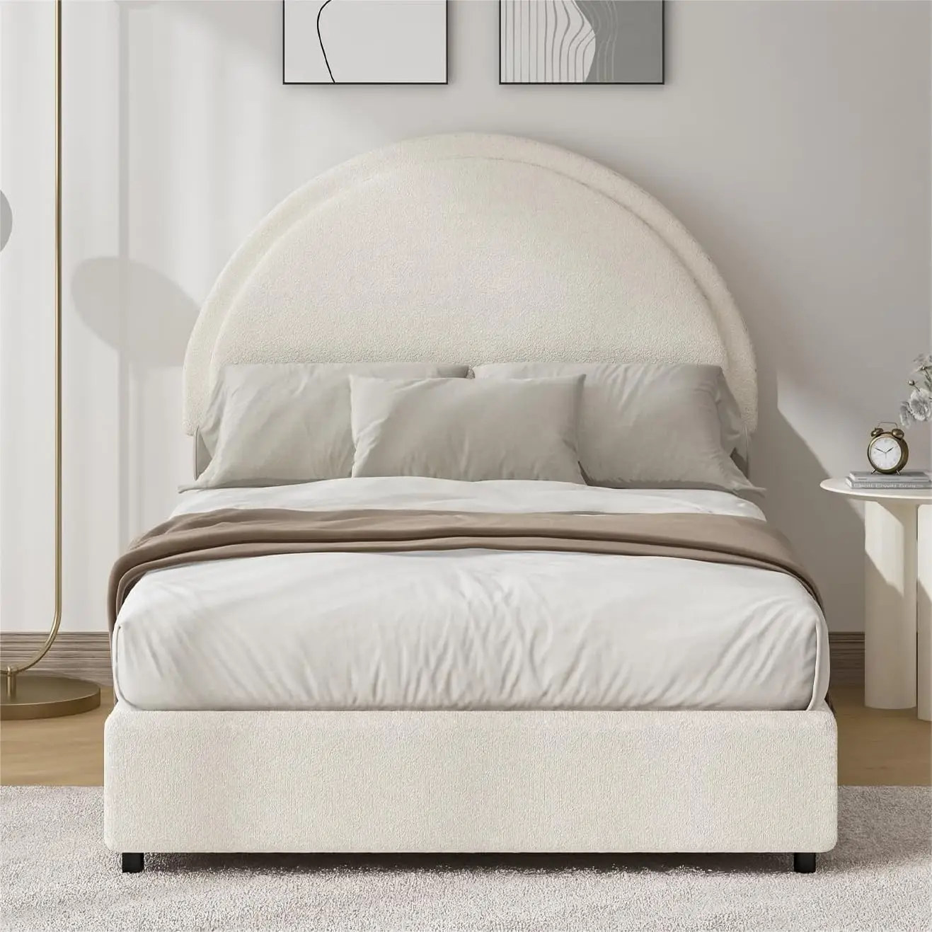 

Twin Size Bed Frame Boucle Upholstered Platform Bed with Headboard Cloud Bed Frame with Soft Rounded Corners No Box Spring