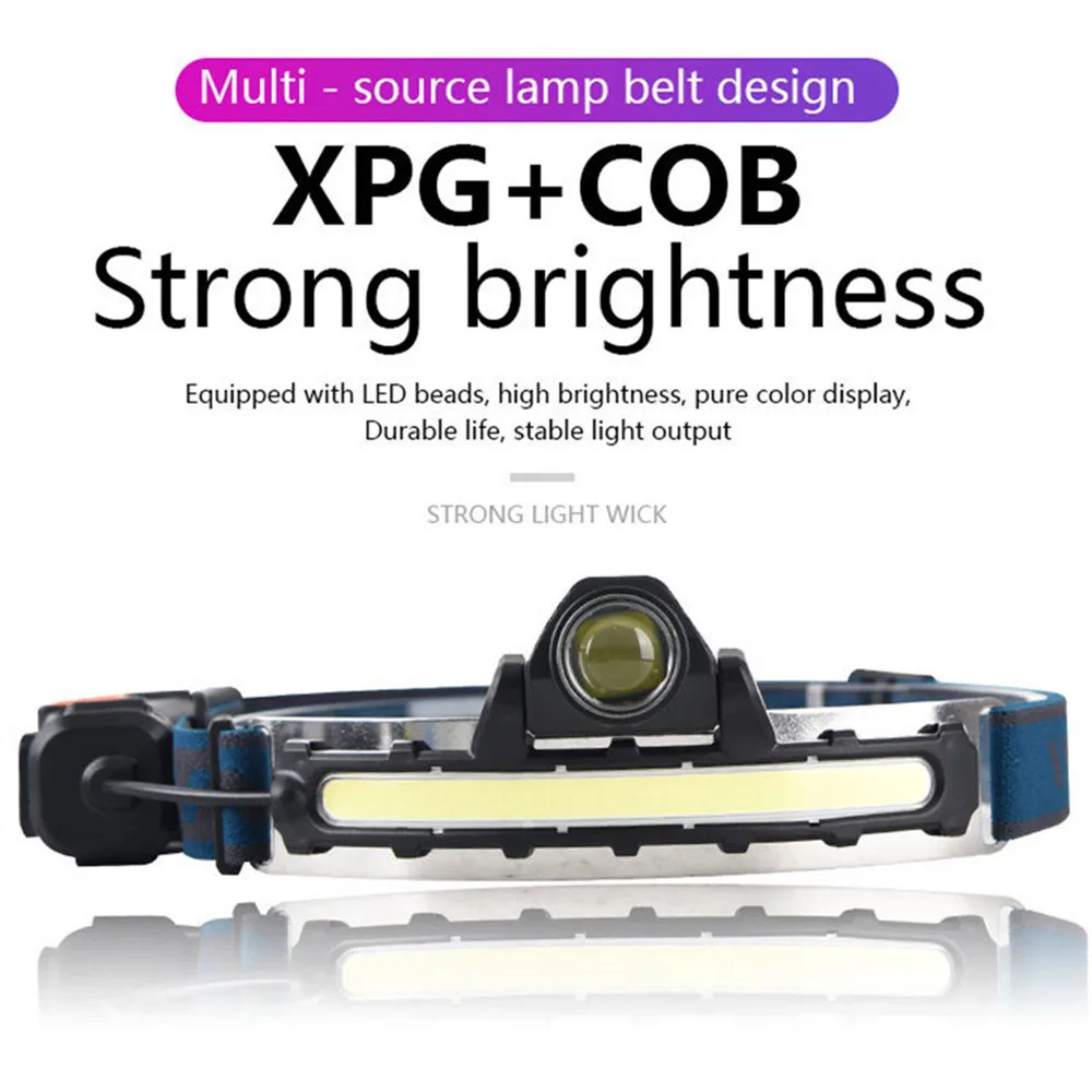 High Power XPG+COB LED Headlight Stainless Steel Induction  Power Display Type-C Charging Flood Zoom LED Outdoor Dual Lights