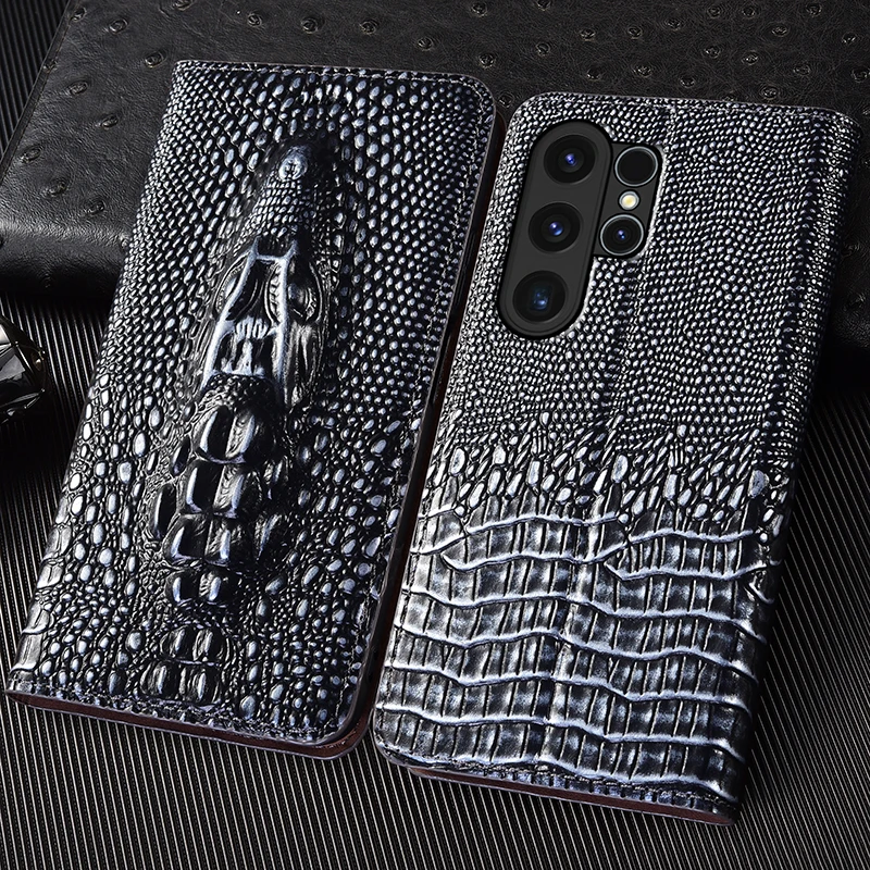 

For Samsung Galaxy S25 S24 S23 S22 S21 S20 S10 FE Ultra Plus Edge Case Retro 3D Crocodile Head Genuine Leather Flip Cases Cover