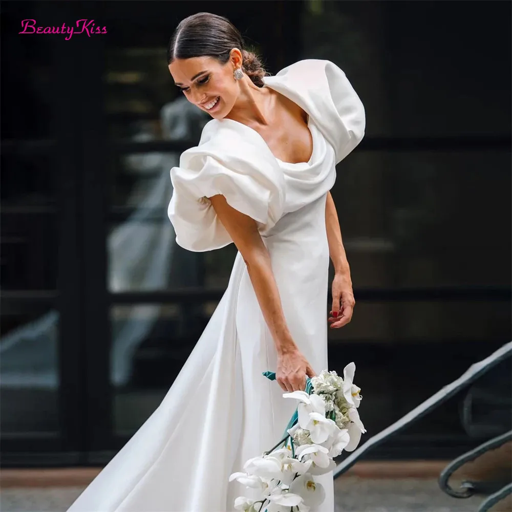 Simple Solid Mermaid Wedding Dresses Ruched Square Collar Puff Sleeves Bridal Evening Prom Dress 2026 Long Elastic Bride Gowns