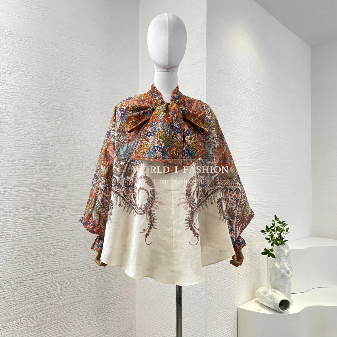 

2025 High Quality Brown Beige Paisley Print Long Sleeve Blouse Tops and Bell Pants Set All Season