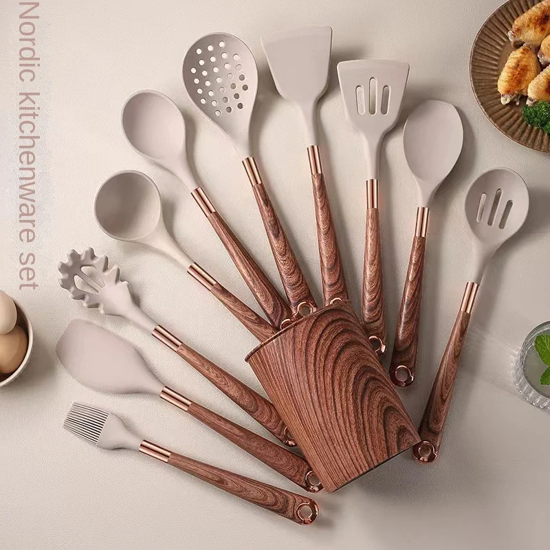 Fashionable Silicone Cooking Utensils, Cooking Tools, Kitchenware, Gold-plated Wood Grain Handle, Spatula, Spoons