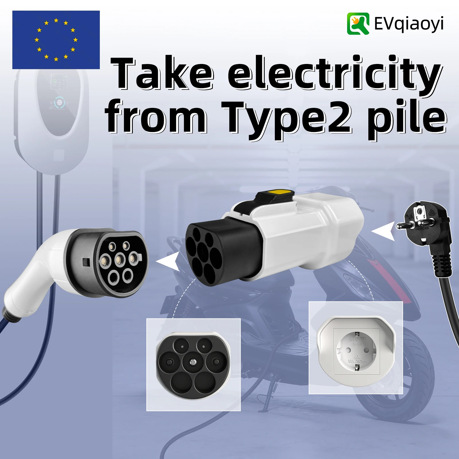 EVqiaoyi 220V Type 2 Male Plug to Schuko Socket, EV Car Accessories Connector for Type2 Charging Stations, Charging Scooters