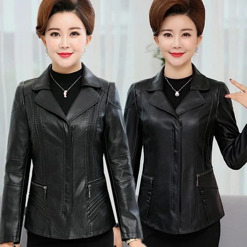 Autumn Female Long Sleeves Leather Clothing Jacket Lady Large Size 6XL PU Leather Coat Middle Aged Mother Washed Leather Outwear