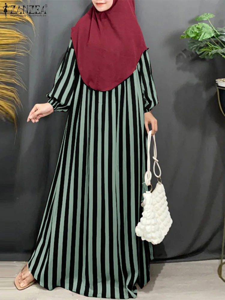 

Women Fashion Abaya Muslim Dresses ZANZEA Autumn Casual Loose Striped Sundress Elegant O Neck Long Sleeve Islamic A-line Vestido