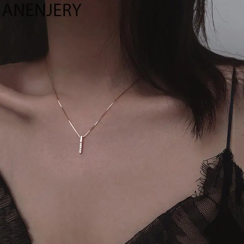 ANENJERY Silver Color Strip Geometric Cubic Zircon Necklace Simple Clavicle Chain Charm Necklace For Women Jewelry S-N545